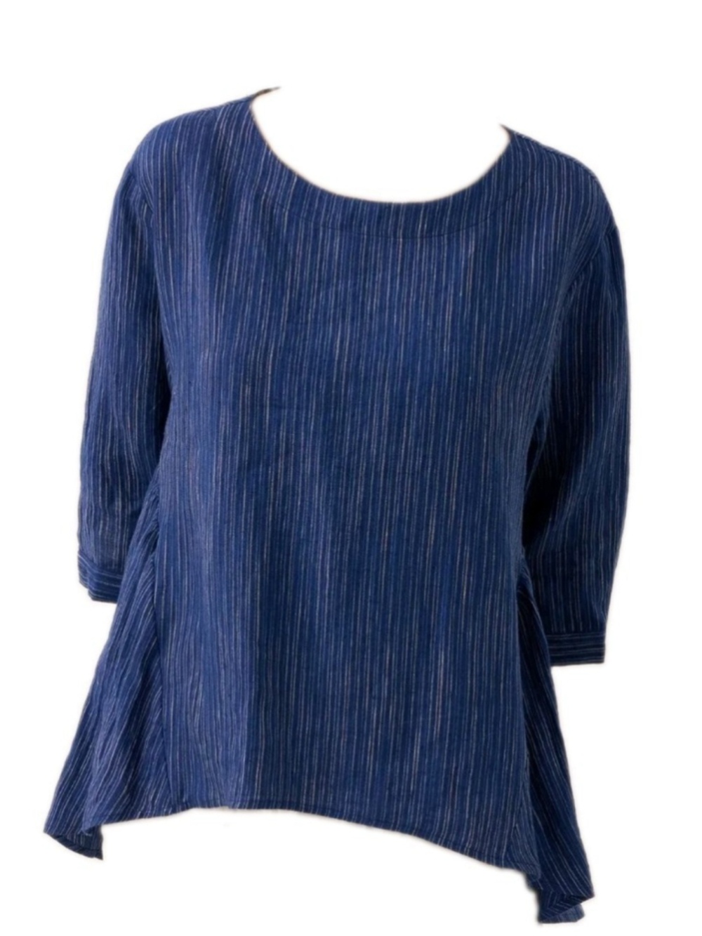 LINTICO-Linen Top-Florence-Sz Large-Navy Pin Stripes Diagonal Panels Artsy Boho
